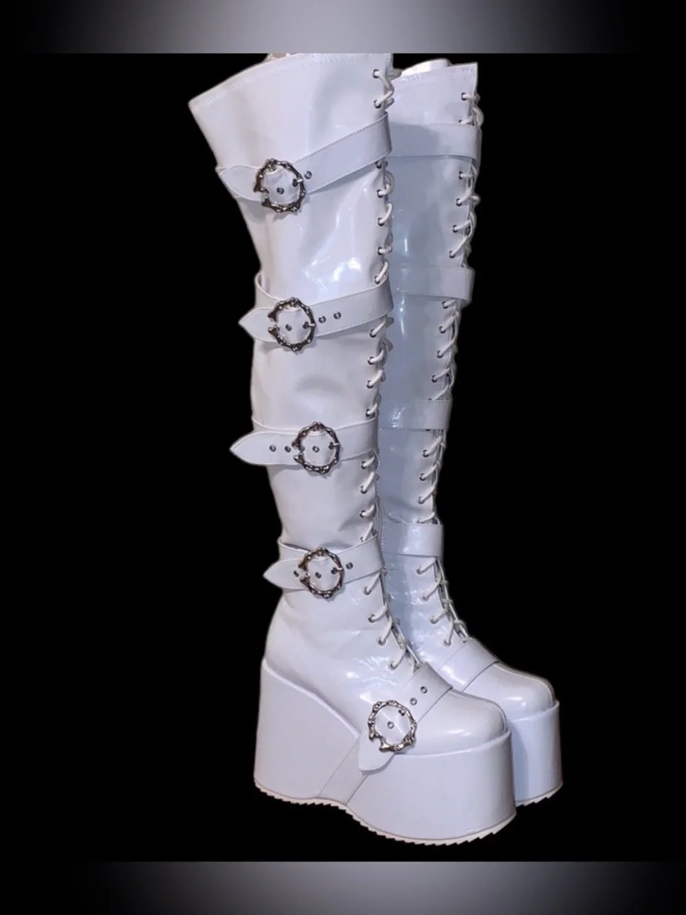 Ellie Shoes White 500-KAMORA Chunky Platform Thigh High Buckle Boots Size 7 goth